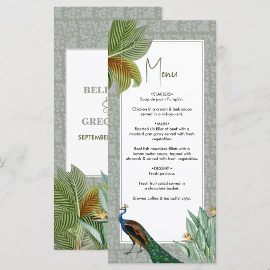  Peacock Feather Tropical Greenery Wedding Menu (Voorkant / Achterkant)