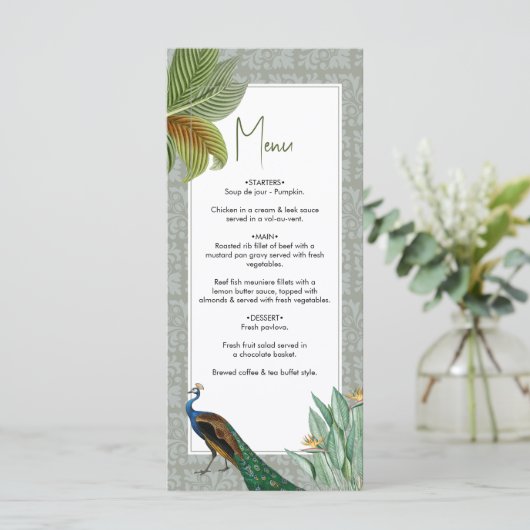  Peacock Feather Tropical Greenery Wedding Menu (Staand voorkant)