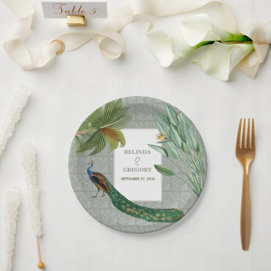  Peacock Feather Tropical Greenery Wedding Papieren Bordje (Huwelijk)