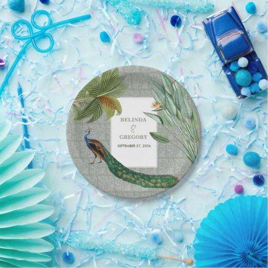  Peacock Feather Tropical Greenery Wedding Papieren Bordje (Feest)