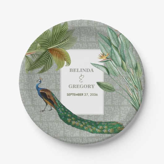  Peacock Feather Tropical Greenery Wedding Papieren Bordje (Voorkant)