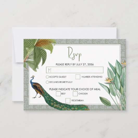  Peacock Feather Tropical Greenery Wedding RSVP Kaartje (Voorkant)