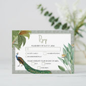  Peacock Feather Tropical Greenery Wedding RSVP Kaartje (Staand voorkant)