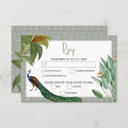  Peacock Feather Tropical Greenery Wedding RSVP Kaartje (Voorkant / Achterkant)