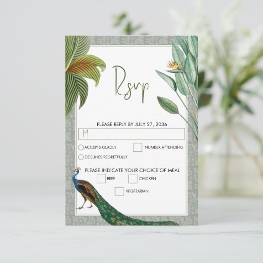  Peacock Feather Tropical Greenery Wedding RSVP Kaartje (Staand voorkant)