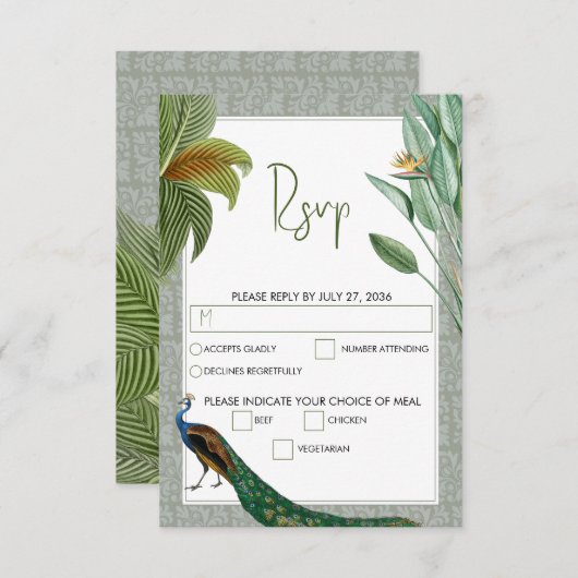 Peacock Feather Tropical Greenery Wedding RSVP Kaartje (Voorkant / Achterkant)