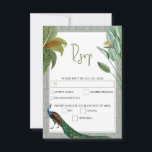 Peacock Feather Tropical Greenery Wedding RSVP Kaartje<br><div class="desc">Een  vredeskolibrie met een tropische groen en een demaspatroon achtergrond. Dit ontwerp is ideaal voor alle seizoenen. Een elegant ontwerp van de waterverf in een hedendaags thema. Een klastige RSVP-reactiekaart voor bruiloft met glorieuze paukveren en moderne elementen. Er zijn ook overeenkomende trouwbenodigdheden en andere huwelijksuitnodigingsformaten beschikbaar.</div>