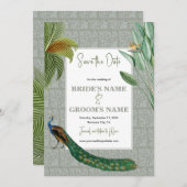  Peacock Feather Tropical Greenery Wedding Save The Date (Voorkant / Achterkant)