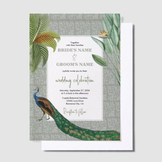  Peacock Feather Tropical Greenery Wedding Vellum Uitnodigingen (Offset)