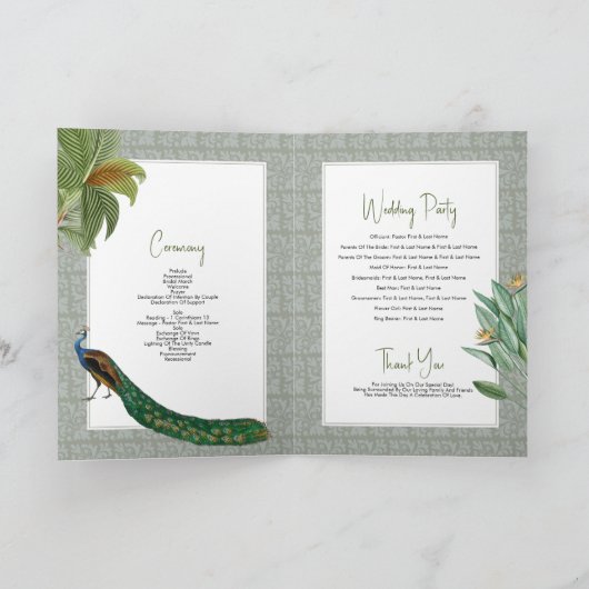 Peacock Feather Tropical Wedding Order of Service Programma (Binnen)