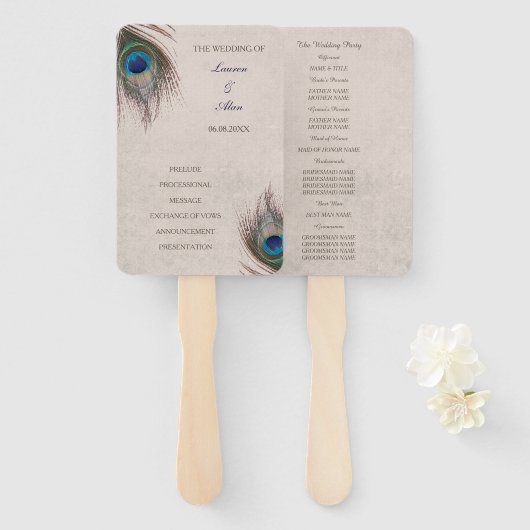 Peacock Feather Trouwprogramma Handwaaier (Voorkant en achterkant)