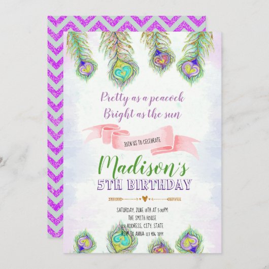 Peacock feather verjaardagsfeestje uitnodiging (Voorkant / Achterkant)