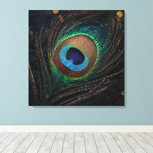 Peacock Feather Wall Art – Elegant Boho Nature Canvas Afdruk (Insitu (Houten vloer))