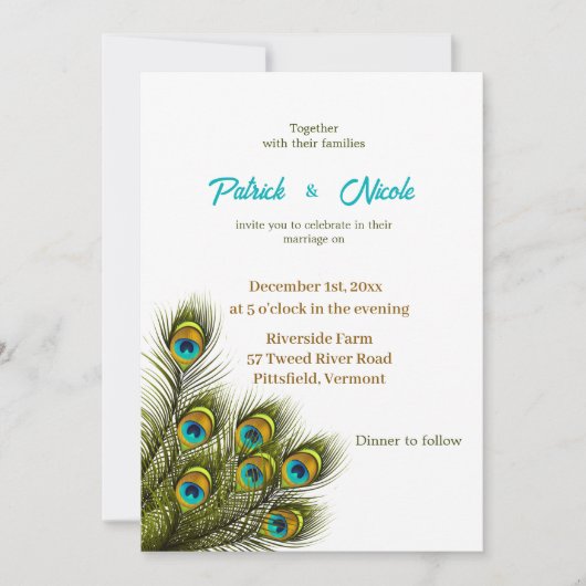 Peacock Feather waterverf bruiloft uitnodiging (Voorkant)