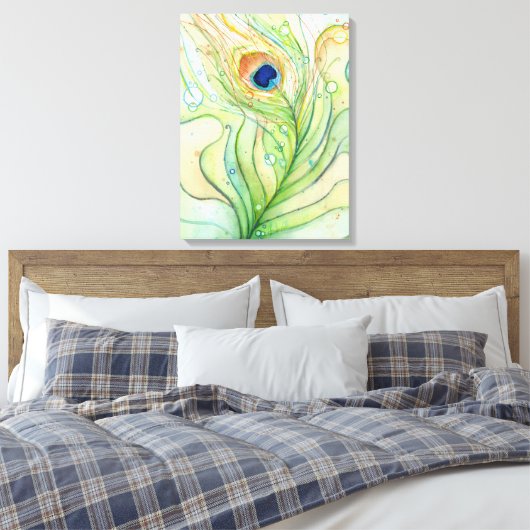 Peacock Feather Waterverf Schilderij Canvas Print (Insitu (Slaapkamer))