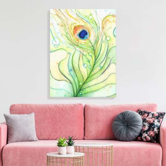 Peacock Feather Waterverf Schilderij Canvas Print (Insitu (Woonkamer))