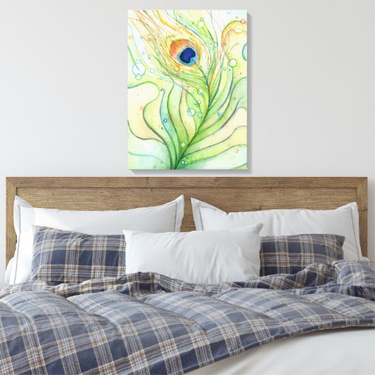 Peacock Feather Waterverf Schilderij Canvas Print (Insitu (Slaapkamer))