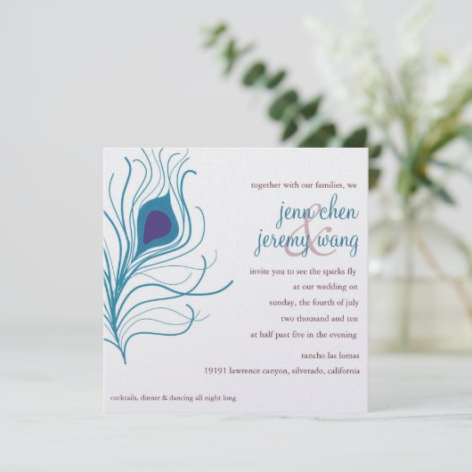 Peacock Feather Wedding eggplant & turquoise Kaart (Staand voorkant)