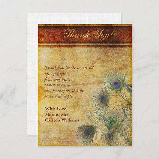 Peacock Feather Wedding Flat Dank u kaart (Voorkant / Achterkant)