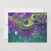 Peacock Feather Wedding Gold Glitter Jewelde RSVP Kaartje (Achterkant)