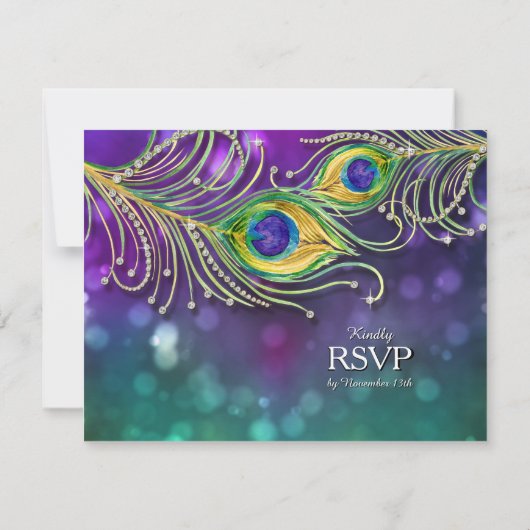 Peacock Feather Wedding Gold Glitter Jewelde RSVP Kaartje (Achterkant)