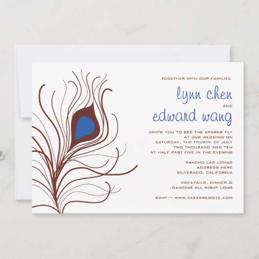 Peacock Feather Wedding Invitation - kobalt blauw Kaart (Voorkant)