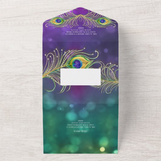 Peacock Feather Wedding Jeweled Feathers Bokeh All In One Uitnodiging (Buitenkant)
