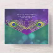 Peacock Feather Wedding Jeweled Feathers Bokeh All In One Uitnodiging (Achterkant)