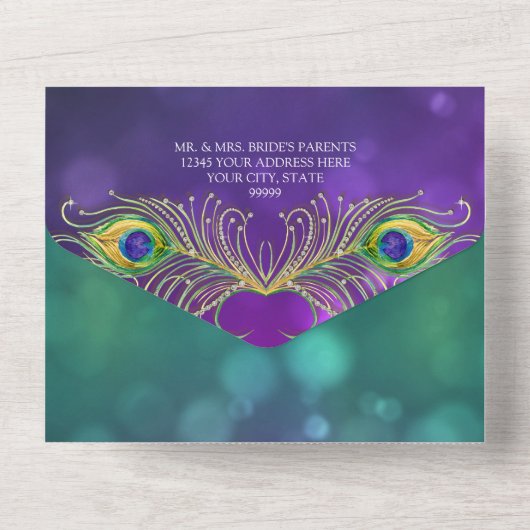 Peacock Feather Wedding Jeweled Feathers Bokeh All In One Uitnodiging (Achterkant)