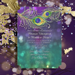 Peacock Feather Wedding Jeweled Feathers Bokeh Kaart<br><div class="desc">Wil je een elegante, feestelijke Peacock Feather Themes Party Wedding-uitnodiging die mooi en klank is? Dit ontwerp is gemaakt van met de hand waterkleurige pauzes, voorzien van grafisch ontworpen diamantjuwelen (OPMERKING: dit is een platte gedrukte uitnodiging zonder echte juwelen, gouden glitter of metalen folie of inkt) boven een dieprijke glans,...</div>