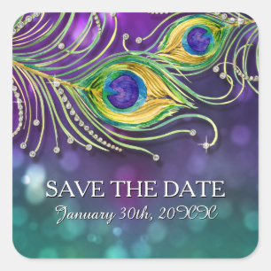 Peacock Feather Wedding Jeweled Feathers Bokeh Vierkante Sticker