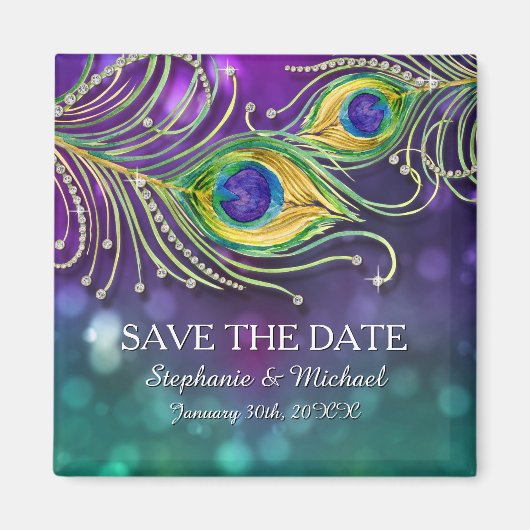 Peacock Feather Wedding Jeweled Save the Date Magneet (Voorkant)
