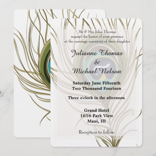 Peacock Feather Wedding Kaart (Voorkant / Achterkant)