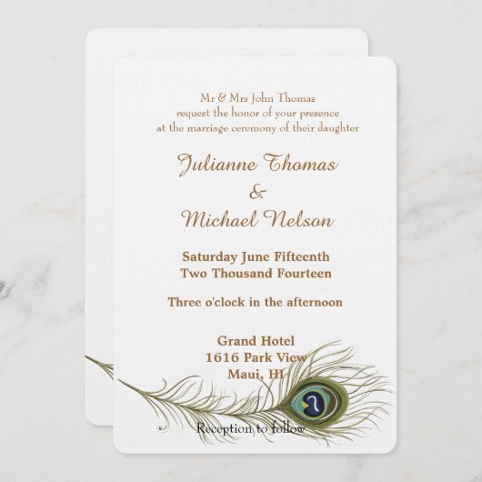 Peacock Feather Wedding Kaart (Voorkant / Achterkant)