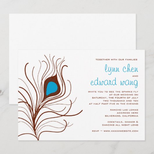 Peacock Feather Wedding nodig, Brown Kaart (Voorkant / Achterkant)