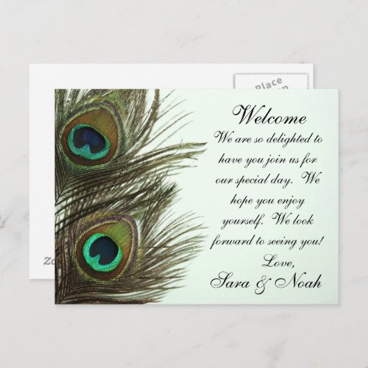 Peacock Feather Wedding Welcome Bag Note Briefkaart (Voorkant / Achterkant)