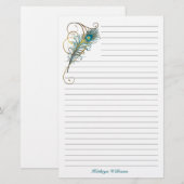 Peacock Feathered Blauwgroen en Golden Lined Briefpapier (Voorkant / Achterkant)