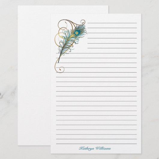 Peacock Feathered Blauwgroen en Golden Lined Briefpapier (Voorkant / Achterkant)