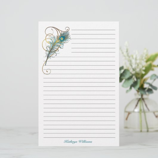 Peacock Feathered Blauwgroen en Golden Lined Briefpapier (Staand voorkant)