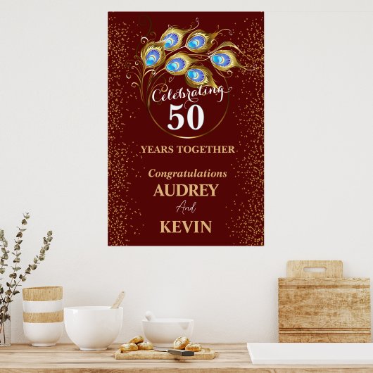 Peacock Feathers 50ste bruiloft Jubileum Poster (Keuken)