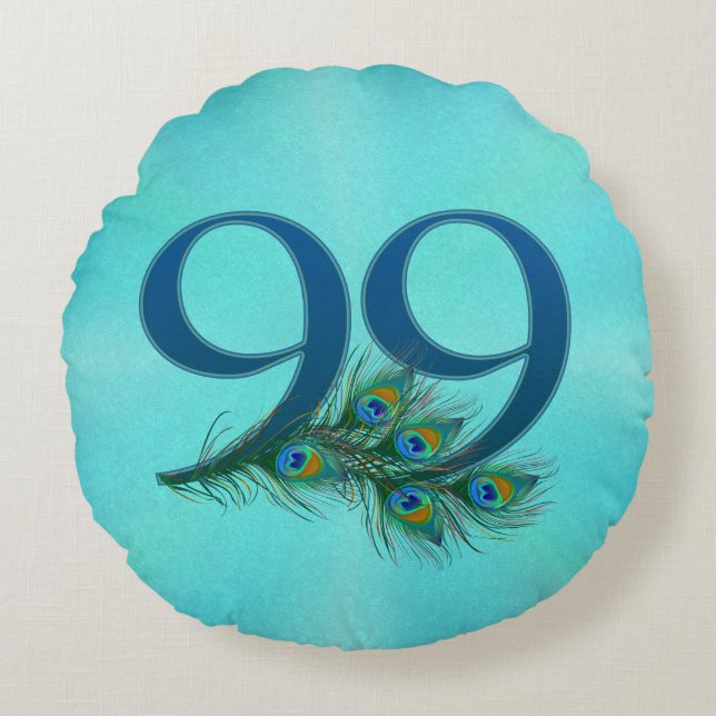 Peacock Feathers 99 Birthday Anniversary Milestone Rond Kussen (Voorkant)