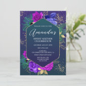 Peacock Feathers and Floral Birthday Invitation Kaart (Staand voorkant)