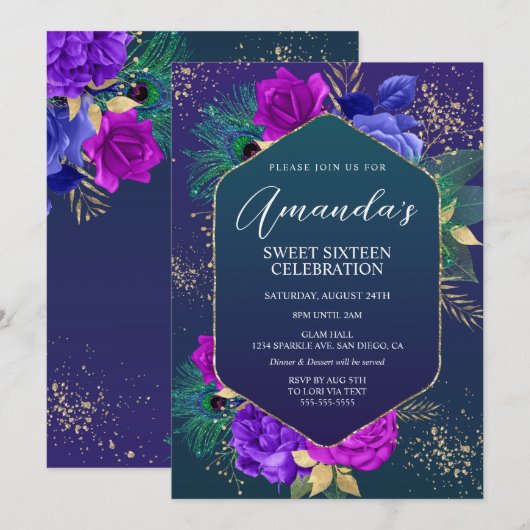 Peacock Feathers and Floral Birthday Invitation Kaart (Voorkant / Achterkant)