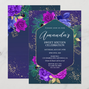 Peacock Feathers and Floral Birthday Invitation Kaart
