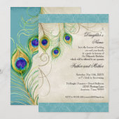 Peacock Feathers Aqua Damask Quinceanera Party Kaart (Voorkant / Achterkant)