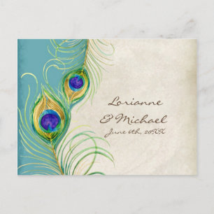 Peacock Feathers Aqua Damask RSVP Response Kaart