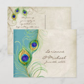 Peacock Feathers Aqua Damask RSVP Response Kaart (Voorkant / Achterkant)