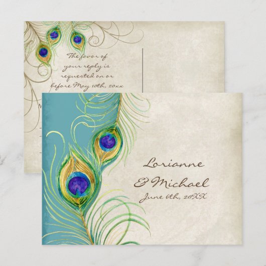 Peacock Feathers Aqua Damask RSVP Response Kaart (Voorkant / Achterkant)