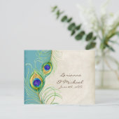 Peacock Feathers Aqua Damask RSVP Response Kaart (Staand voorkant)