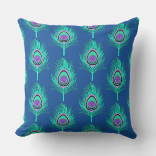 Peacock Feathers, Aqua on Deep Cobalt Blue Buitenkussen